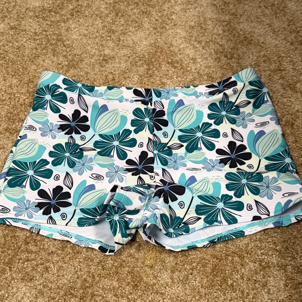 Floral Women's Swim Athletic Shorts in Blue and Black